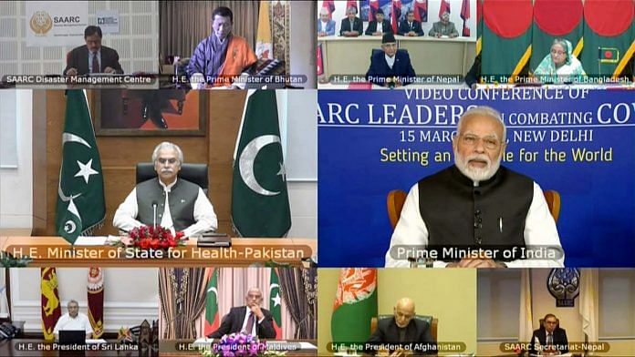 फाइल फोटो| 15 मार्च 2020 को कोविड-19 पर वीडियो कॉन्फ्रेंस के दौरान प्रधानमंत्री नरेंद्र मोदी और सार्क देशों के नेता | एएनआई