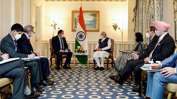 पीएम नरेंद्र मोदी ने 23 सितंबर 2021 को वाशिंगटन डीसी में क्वालकॉम क्रिस्टियानो आर अमोन के अध्यक्ष और सीईओ के साथ बैठक की | एएनआई फोटो