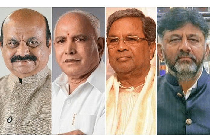 बसवराज बोम्मई, बी.एस. येदियुरप्पा, सिद्धारमैया और डी.के. शिवकुमार | फोटो: विकिमीडिया और ट्विटर
