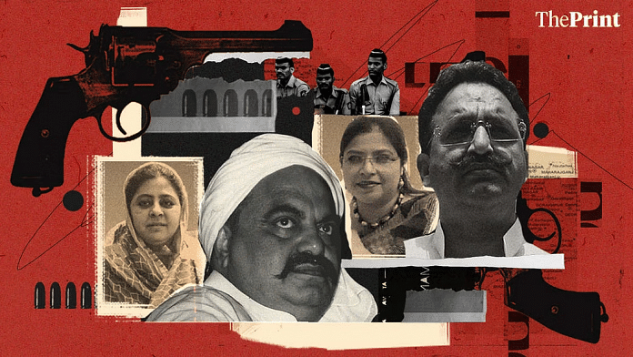 बाएं से दाएं: शाइस्ता परवीन, अतीक अहमद, अफशां अंसारी, मुख्तार अंसारी | चित्रण: प्रजना घोष/दिप्रिंट