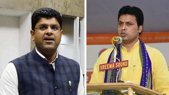 दुष्यंत चौटाला और बिप्लब कुमार देब की फाइल फोटो | एएनआई/फेसबुक