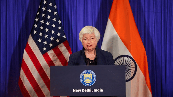 8 सितंबर 2023 को नई दिल्ली में G20 शिखर सम्मेलन से पहले अमेरिकी ट्रेजरी सचिव जेनेट येलेन ने मीडिया को संबोधित किया | दिप्रिंट टीम