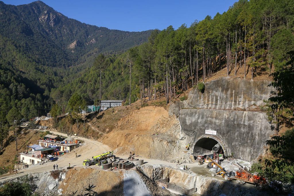 A general view of an entrance of the under construction road tunnel is seen, days after it collapsed in the Uttarkashi district of India's Uttarakhand state on November 21, 2023 | ThePrint photo by Suraj Sigh Bisht