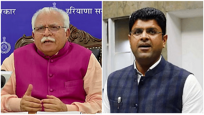 हरियाणा के पूर्व मुख्यमंत्री मनोहर लाल खट्टर और पूर्व उपमुख्यमंत्री दुष्यन्त चौटाला | एएनआई