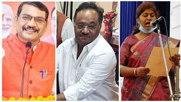 आगामी राज्यसभा चुनाव के लिए भाजपा उम्मीदवारों में (बाएं से दाएं) अमरपाल मौर्य, समिक भट्टाचार्य और संगीता बलवंत | फोटो: एक्स/@BJP_SCMorcha and ANI