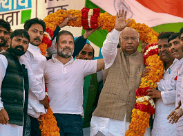 कांग्रेस अध्यक्ष मल्लिकार्जुन खरगे पार्टी नेता राहुल गांधी के साथ सोमवार, 19 फरवरी, 2024 को अमेठी में भारत जोड़ो न्याय यात्रा के दौरान एक सार्वजनिक बैठक में | पीटीआई