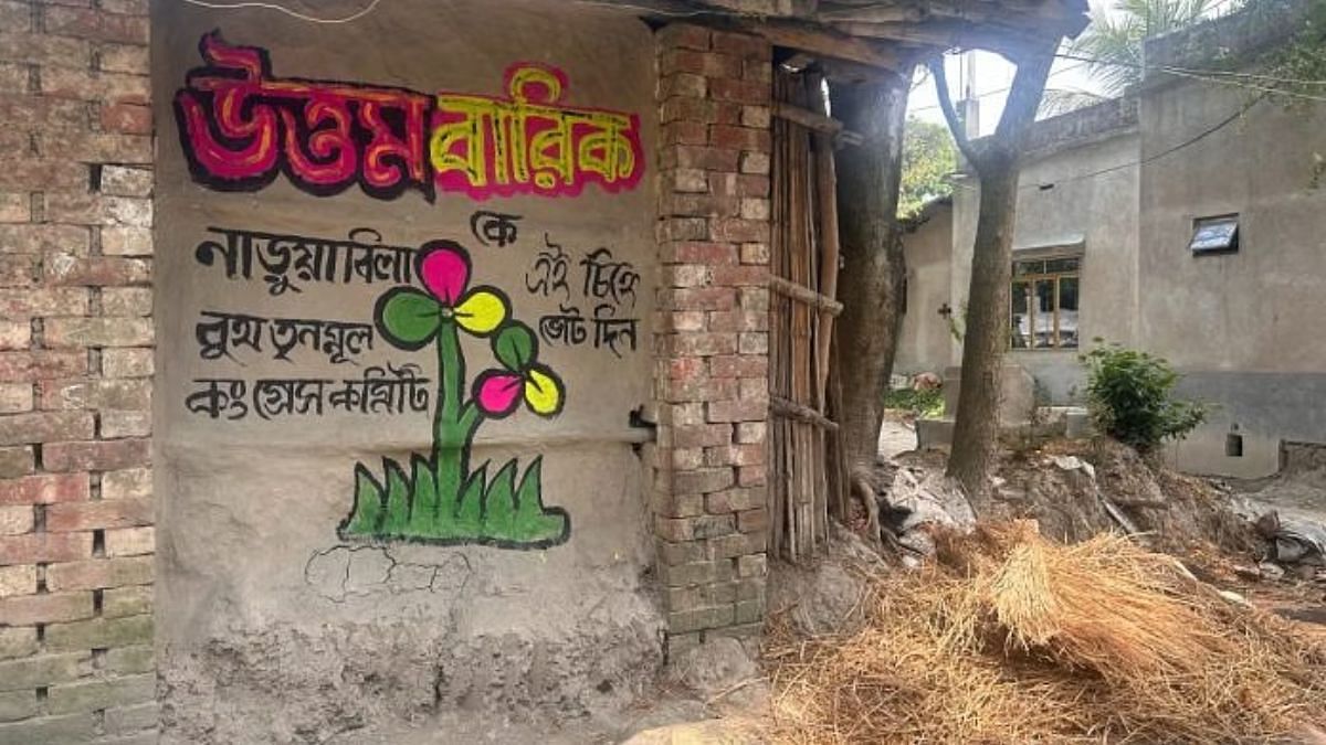 भूपतिनगर में गिरफ्तार टीएमसी कार्यकर्ता के घर की बाहरी दीवार पर चुनावी भित्तिचित्र | फोटो: श्रेयशी डे/दिप्रिंट
