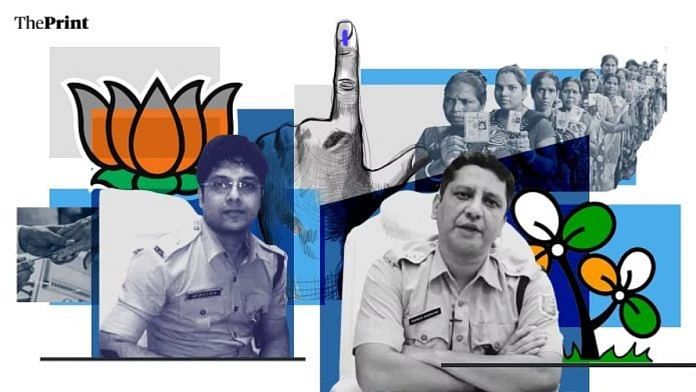 पूर्व आईपीएस देबाशीष धर (बाएं) और प्रसून बंदोपाध्याय (दाएं) पश्चिम बंगाल से लोकसभा चुनाव लड़ रहे हैं | चित्रण: प्रज्ञा घोष/दिप्रिंट