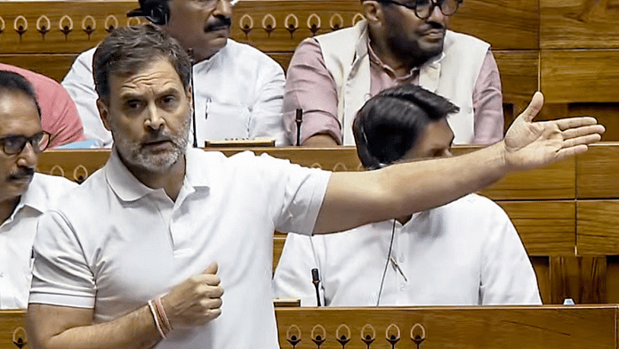 लोकसभा में विपक्ष के नेता राहुल गांधी सोमवार को नई दिल्ली में चल रहे संसद सत्र के दौरान सदन में बोलते हुए | एएनआई फोटो/संसद टीवी