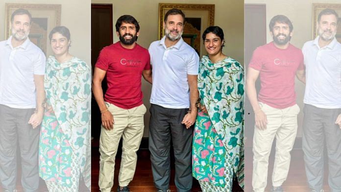 पहलवान विनेश फोगाट और बजरंग पुनिया ने नई दिल्ली में लोकसभा में विपक्ष के नेता राहुल गांधी से मुलाकात की | फोटो: एएनआई