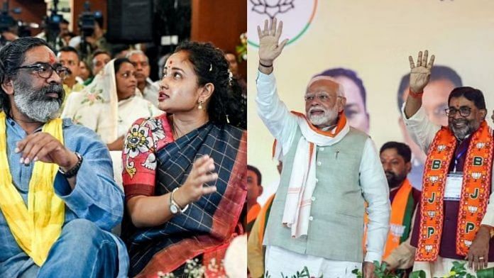 झारखंड मुक्ति मोर्चा (जेएमएम) के नेता हेमंत सोरेन और कल्पना सोरेन (बाएं); और चाईबासा में एक जनसभा में प्रधानमंत्री नरेंद्र मोदी | तस्वीरें: एएनआई