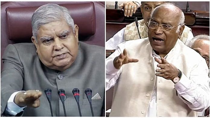 उपराष्ट्रपति जगदीप धनखड़ (बाएं) और कांग्रेस अध्यक्ष मल्लिकार्जुन खरगे (दाएं) की फाइल फोटो | क्रेडिट: एएनआई