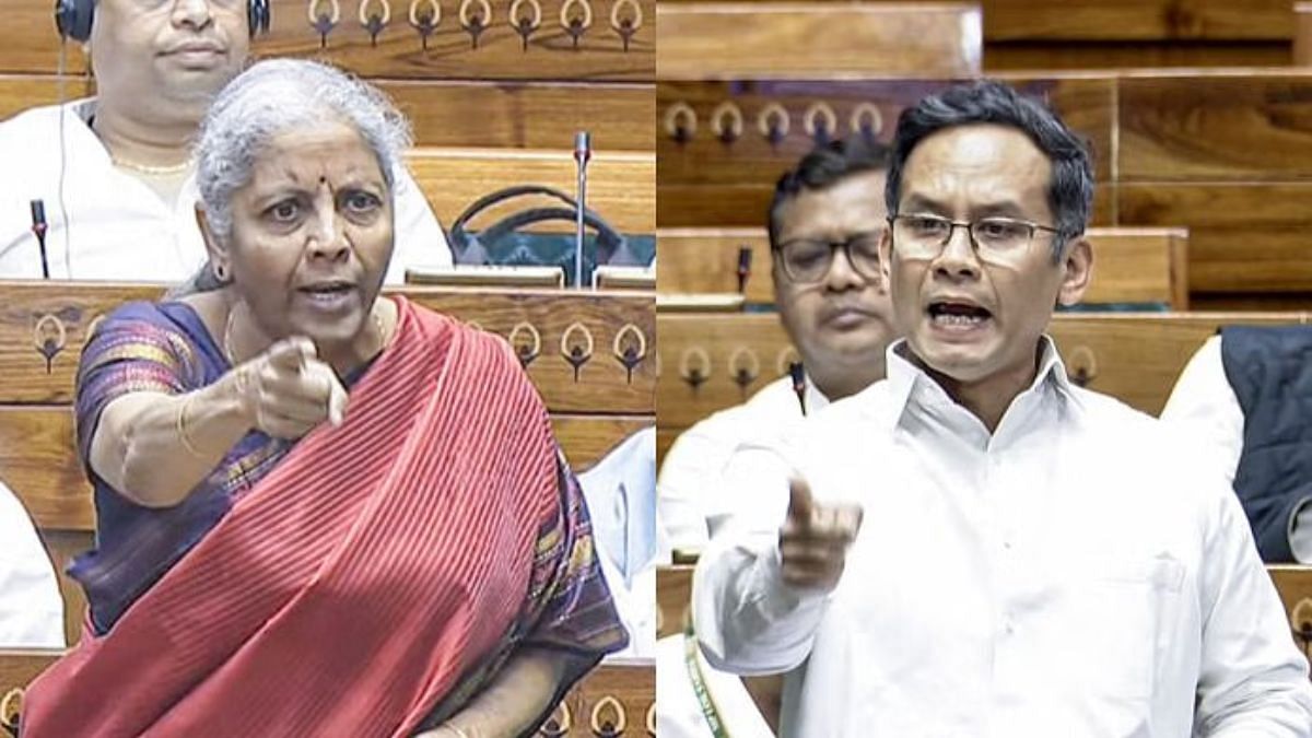 वित्त मंत्री निर्मला सीतारमण (बाएं) और कांग्रेस सांसद गौरव गोगोई (दाएं) मंगलवार को लोकसभा में बोलते हुए | एएनआई