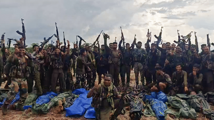 District Reserve Guard Jawans celebrate after neutralising naxal leader Basava Raju